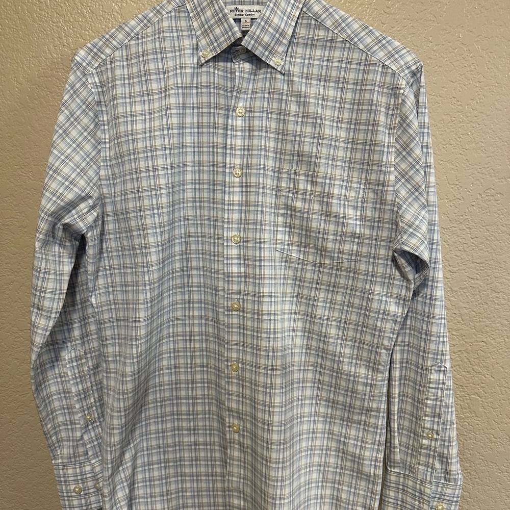 Peter Millar Blue and White Plaid Casual Button Down Shirt